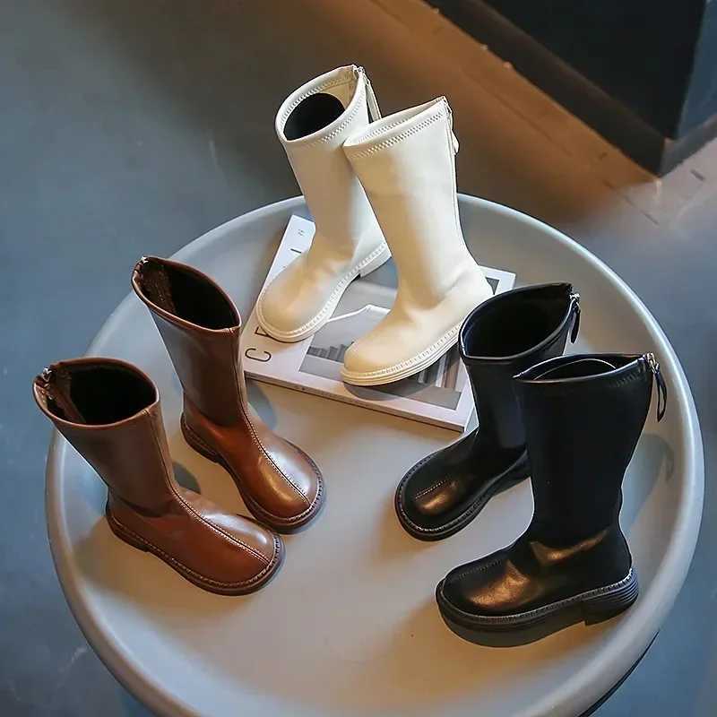 Childrens Leather Boots Spring 2023 New Casual Knight Boots Fashion Girls High Heels Soft soled Childrens Shoes W240810