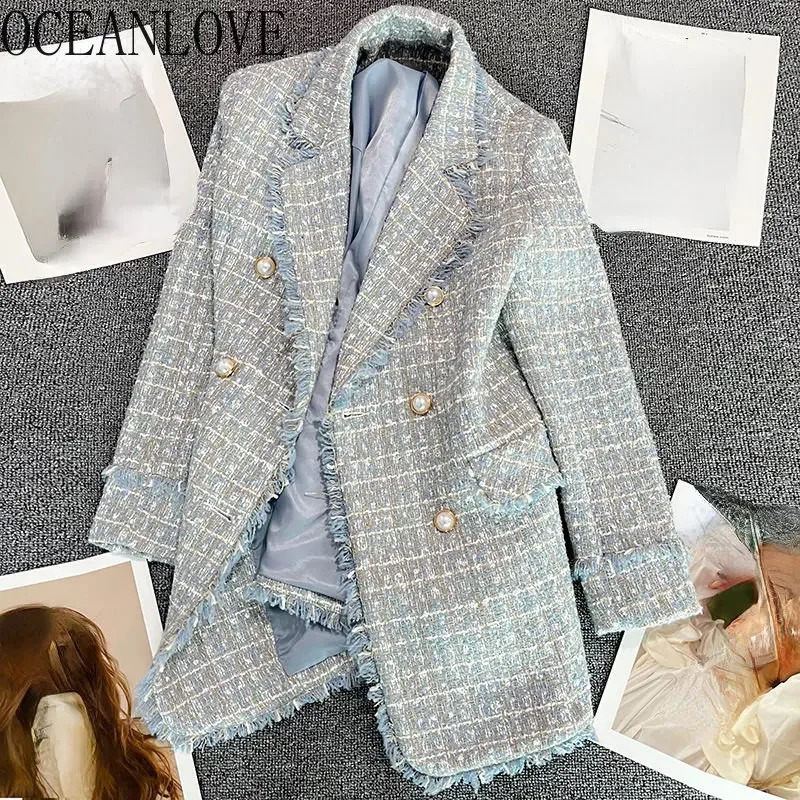 OCEANLOVE Double Breasted Blazer Women Spring Autumn Plaid Tweed Jackets Korean Fashion Vintage Elegant Blazer Mujer Outear 240812
