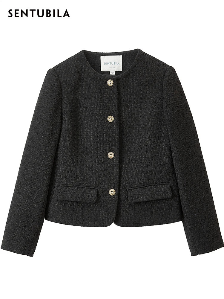 SENTUBILA Black Cropped Tweed Jacket for Women Autumn Winter Single Breasted Fashion Korean Style Jacket Coats 123W42756 240812