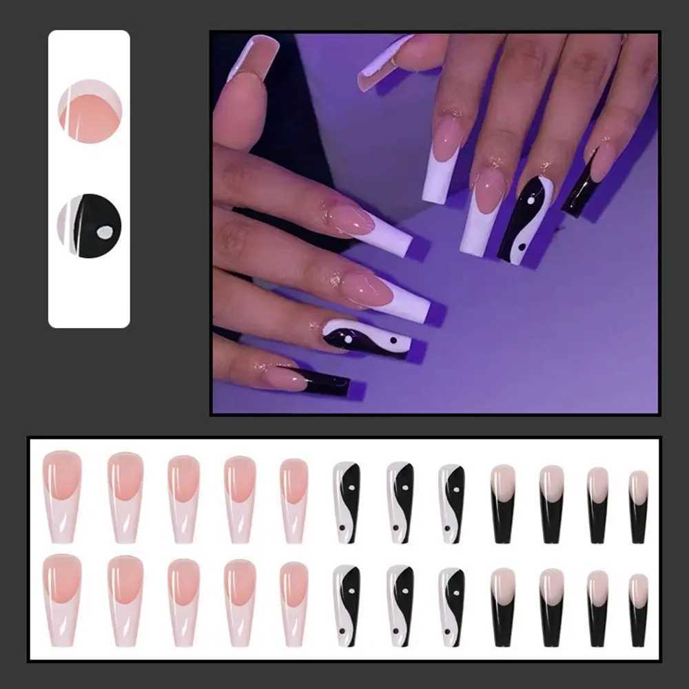 24 pieces of long coffin fake nails white black design wearable French ballet dancer fake nails press full set ergonomic nail tips W240810