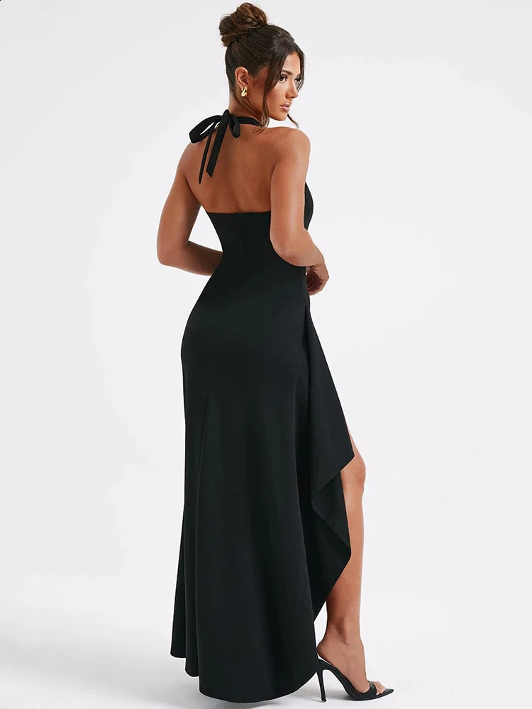 Mozision Deep V Neck Thigh High Split Maxi Dress Women Halter Sleeveless Backless Bodycon Club Party Sexy Long Dress 240812