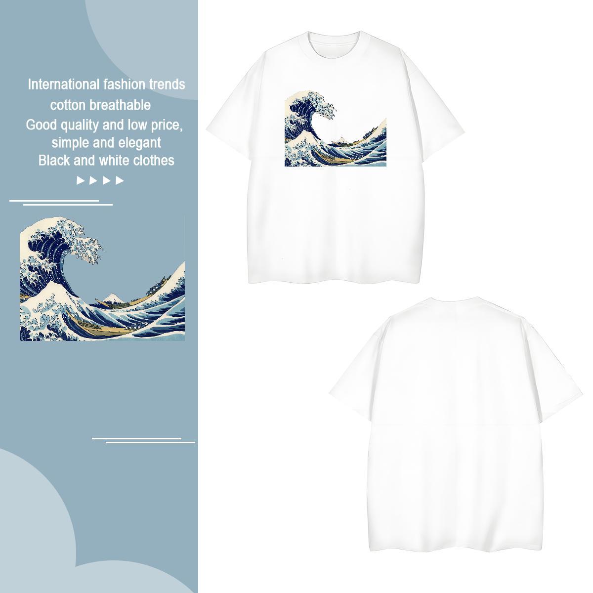 Cool Men Tops Tees sea wave 100% Cotton 230g Beach Breathable Crew Neck T-Shirts Custom Print Plus Size Fashion Casual Polos