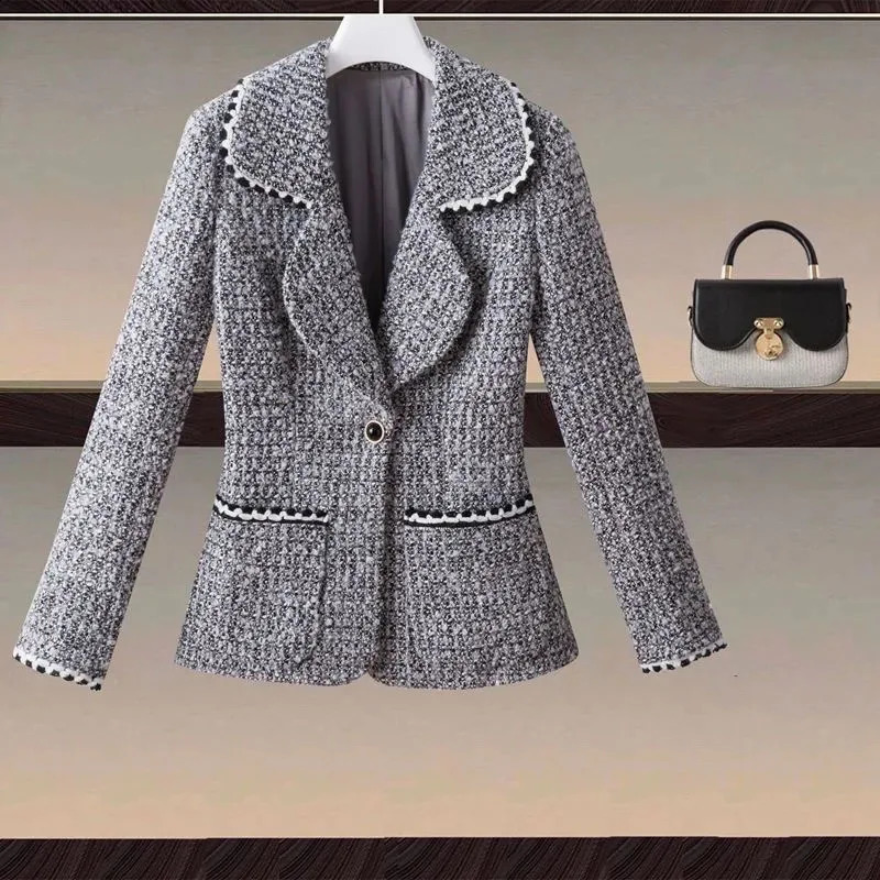 Fashion Spring Autumn Blazers Women Jacket Color Matching Tweed Suit Collar Long Sleeve One Buckle Small Fragrance Coat 240812