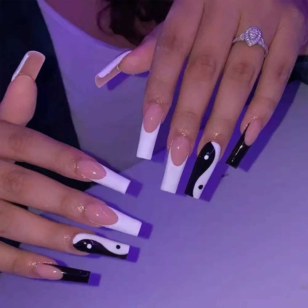 24 pieces of long coffin fake nails white black design wearable French ballet dancer fake nails press full set ergonomic nail tips W240810