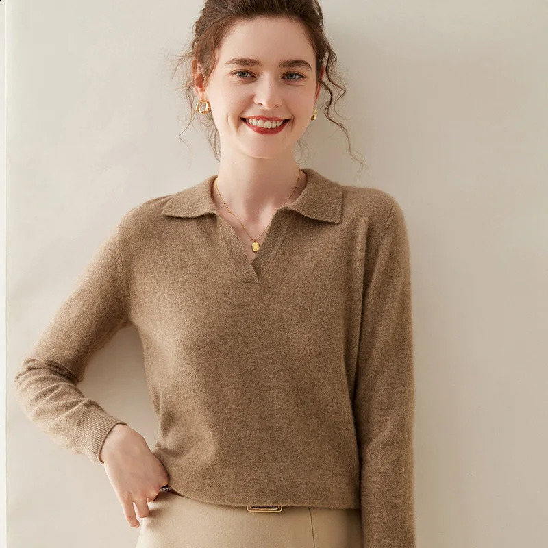 Winter Pure Cashmere Knitted Pullover V-Neck Long Sleeve Cashmere Womens POLO Neck Sweater Top Womens Style 240812