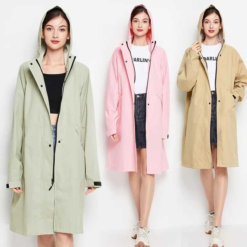 Women Stylish Long Raincoat Waterproof Rain Jacket with Hood Zipper Y240810