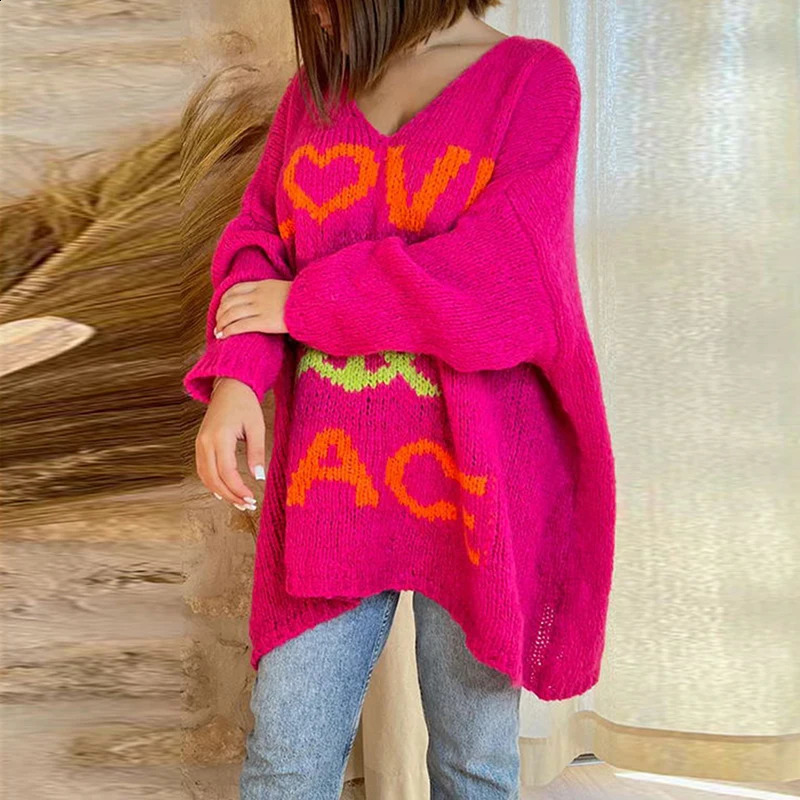 Crocheted Letter PEACE LOVE Knitted Sweater Womens Autumn V-neck Loose Top Pullover Winter Long Sleeve Female Jumper Harajuku 240812