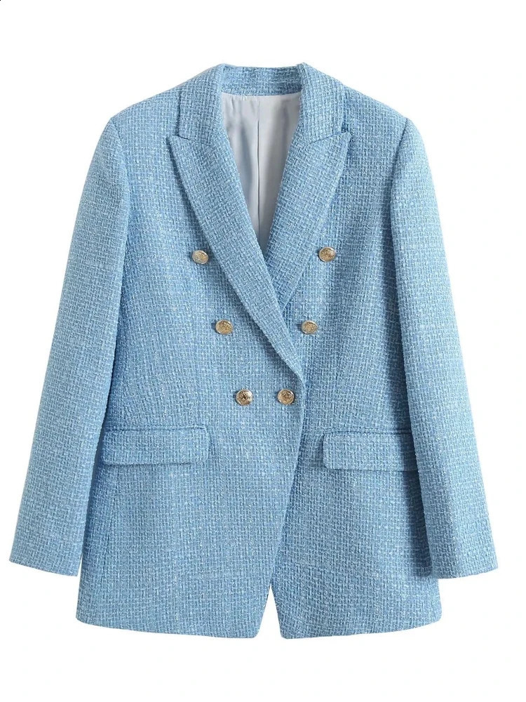 Women Fashion Blue Tweed Blazer Jacket Office Lady Double Breasted Pockets Vintage Female Coat Chic Streetwear Traje 240812