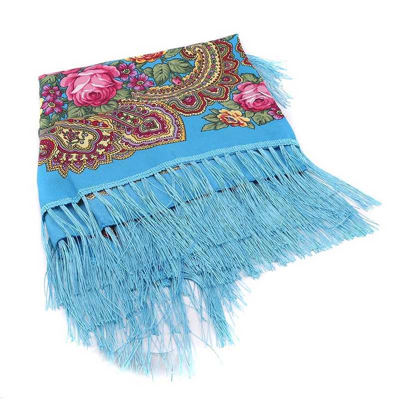 90 * 90cm Enthic Style Russian Womens Square Scarf Shawl Retro National Fringed Print Scarves Winter Womens Headscarf W240810