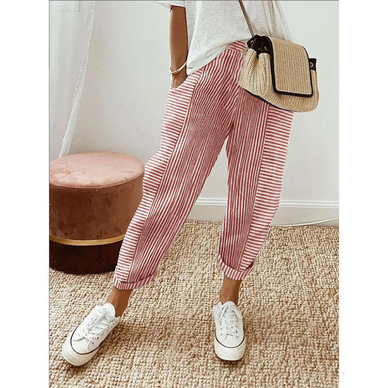 2024 Summer New Woven Jacquard Stripe Splicing Design Loose Casual Pants for Women Ice Silk Harlan Sweatpants Overalls Bound Feet Pants Trousers Carto