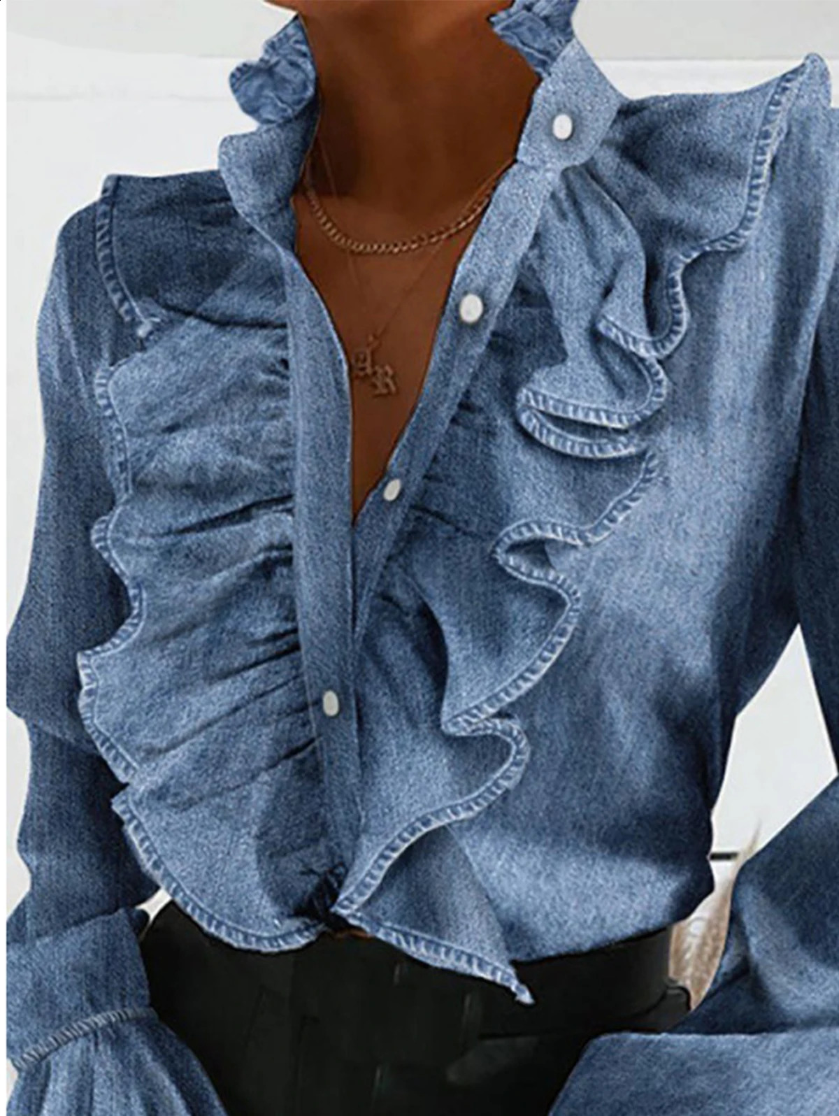 Denim Ruffled Long Sleeve Button Shirt Blouse Summer Sexy V Neck Pleated Chiffon Blouses Spring Elegant Office Lady Tops Blusa o240812