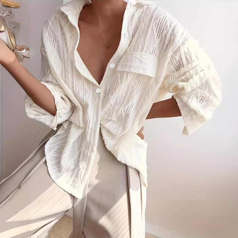 Women Elegant Turndown Collar Button Shirt Autumn Long Sleeve Crochet Hollow Top Mujer Spring Solid Jacquard Blouse 240723