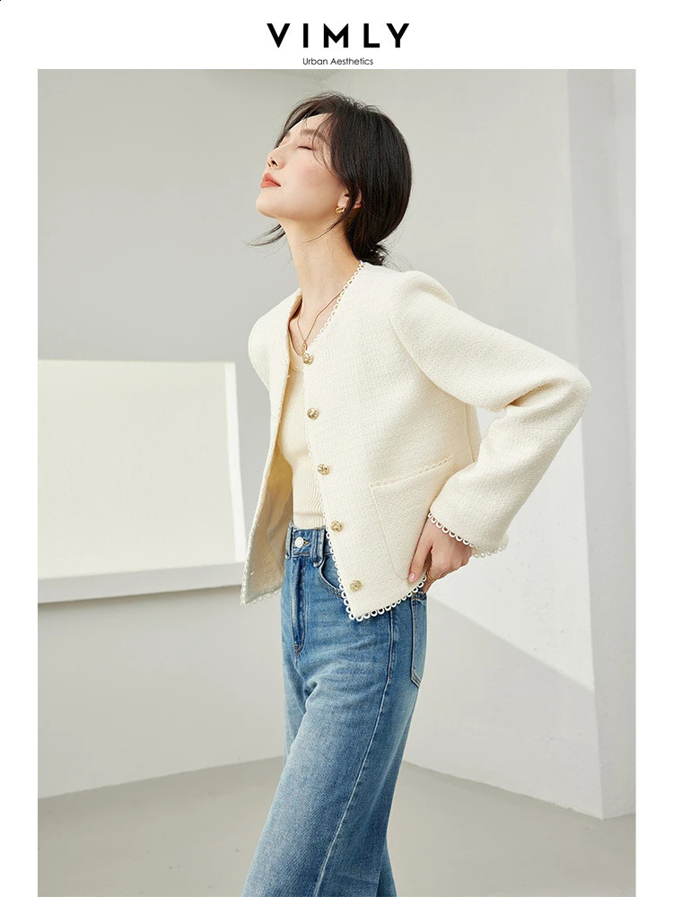 Vimly Women Elegant Cropped Tweed Jacket Woman Spring French Style O-neck Single Breasted Short Coat Female Outerwear M6655 240812