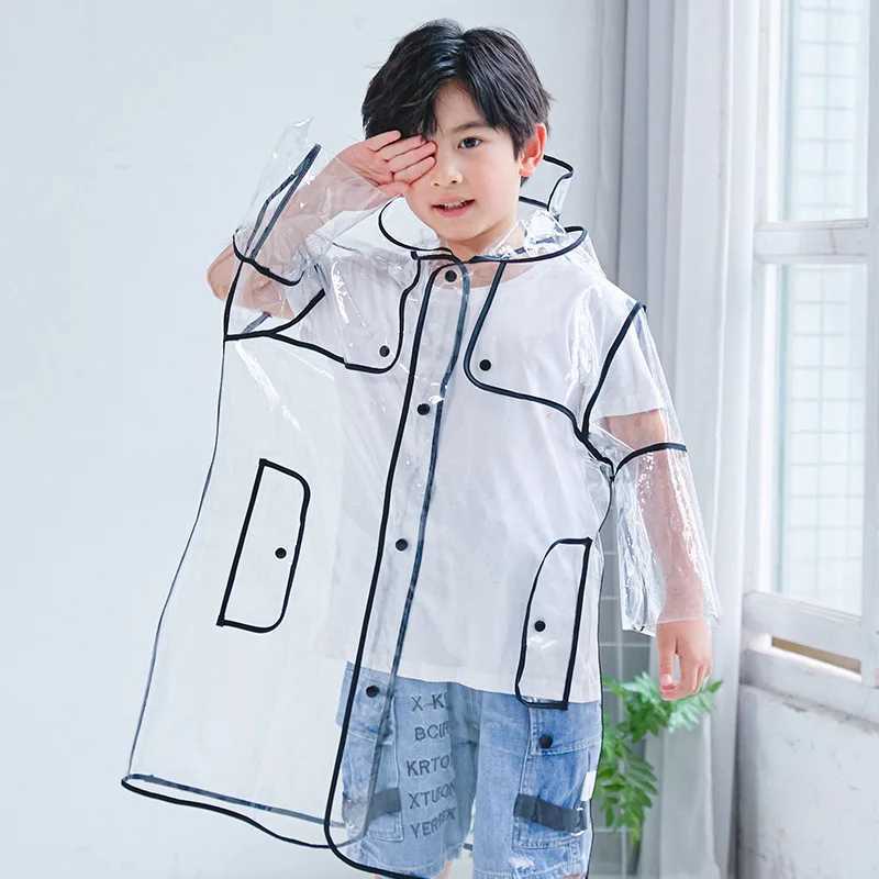 Transparent Rainbow Edge Kids Raincoat Waterproof EVA Children Rain Coat Windproof Rain Jacket Poncho Hat Kindergarden Rain Gear Y240810
