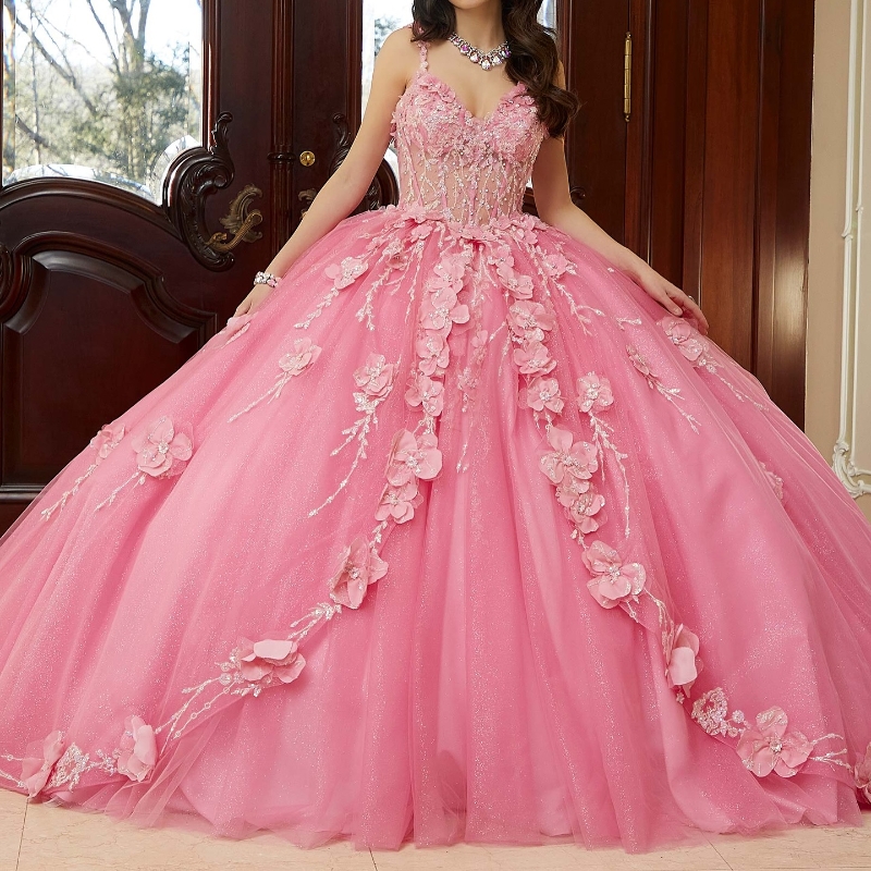 Luxury Pink Shiny Quinceanera Dress Sequin Beads Flower Bow 2025 Ball Gown Sweep 16 Train Party Birthday Vestido De 15 Anos