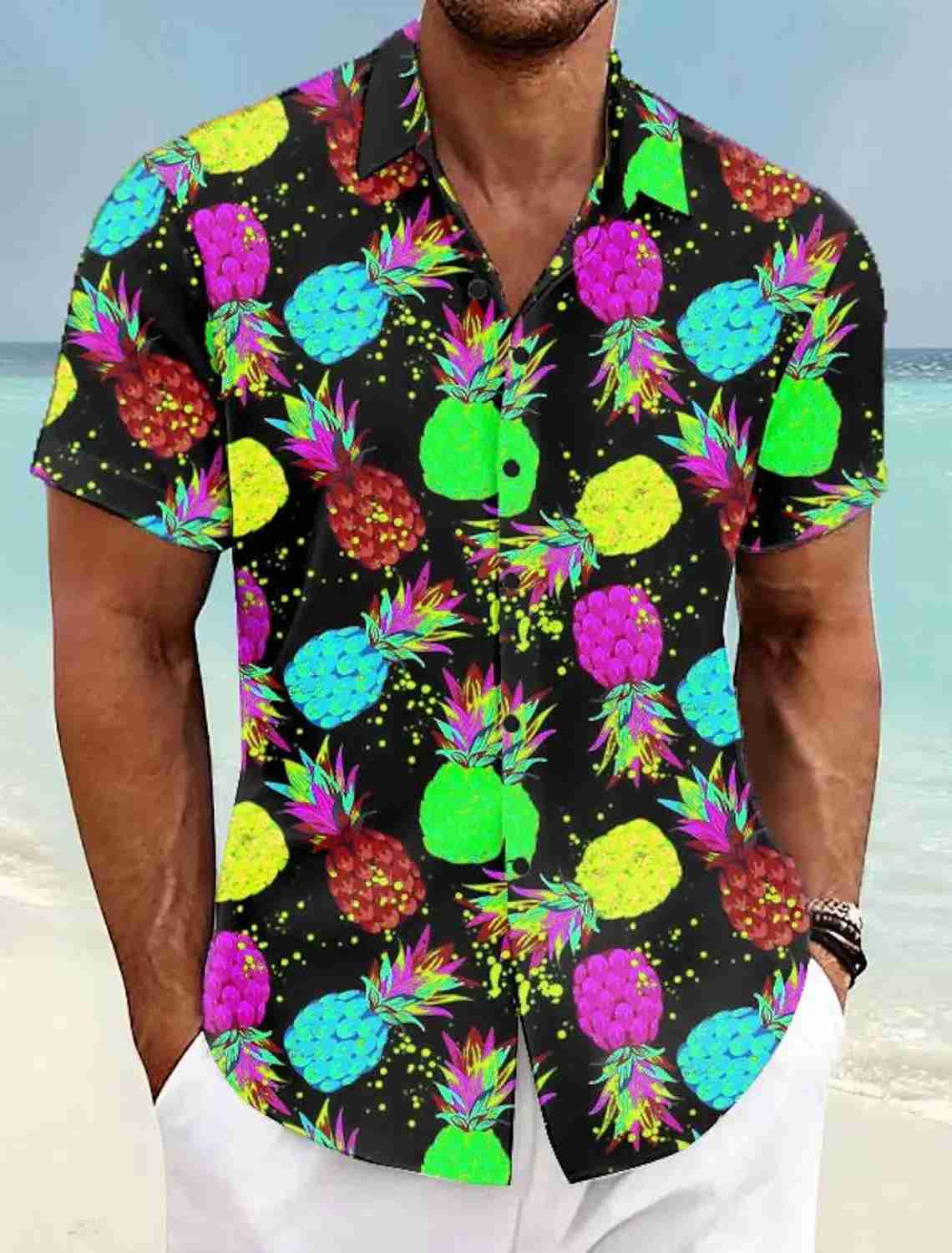 Pineapple Tropical Mens Shirt Summer Aloha Shirt Casual Holiday Summer Spring Turndown Short Sleeve Stretch Fabric ShirtXJ240812