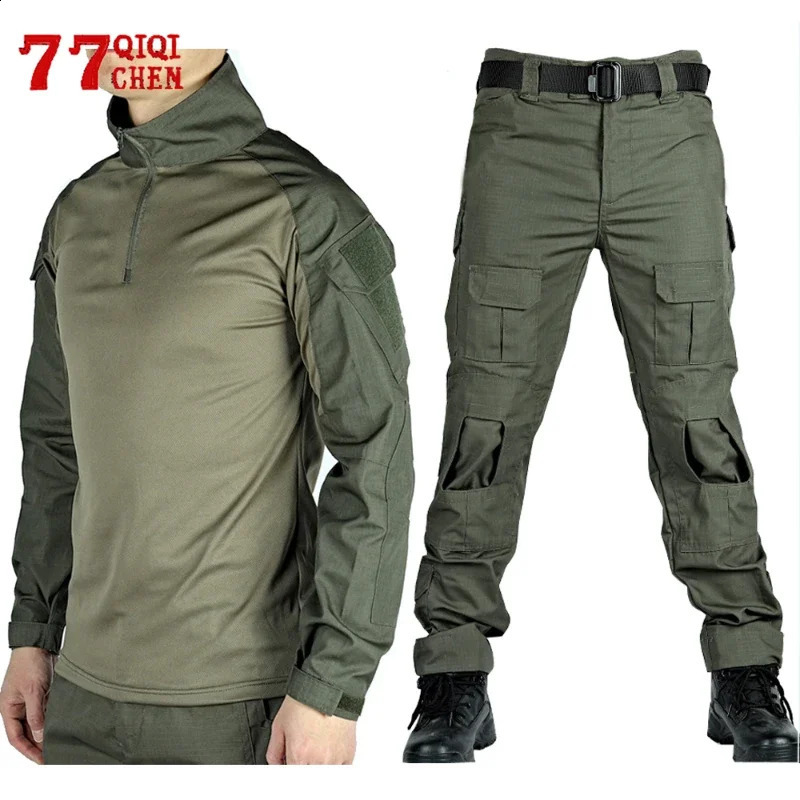 Mens Outdoor Sets Quick Drying Multiple Pockets Shirts Wear Resistant Cargo Pants Training 2 Pieces Set Male 240812