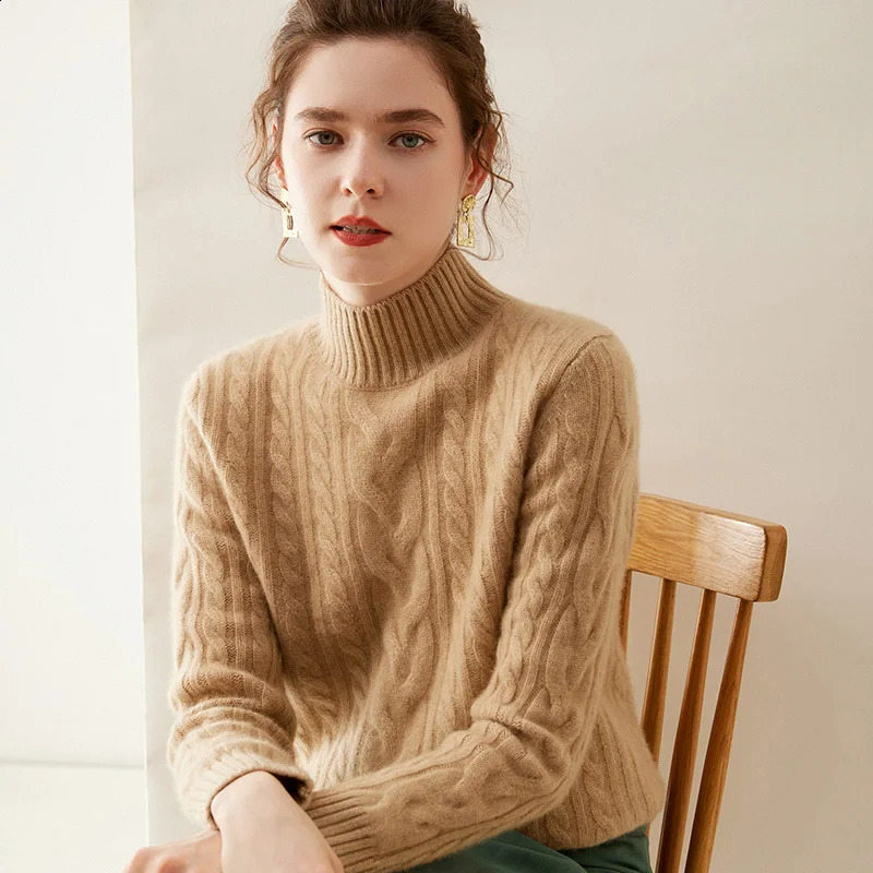 100% Pure Cashmere Sweater Womens Half Turtleneck Pullover Three Strands Full Body Twist Thick Knit Bottom Loose Coat Sweater 240812