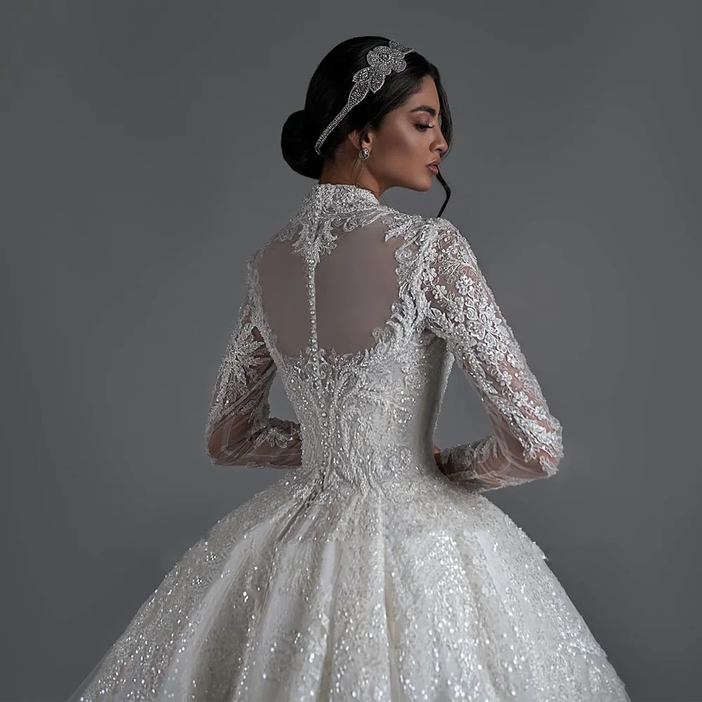 A-e Women Wedding High Neck Long Sleeves Bridal Gowns Lace Appliques Detachable Train Dress Custom Made vestidos de novia