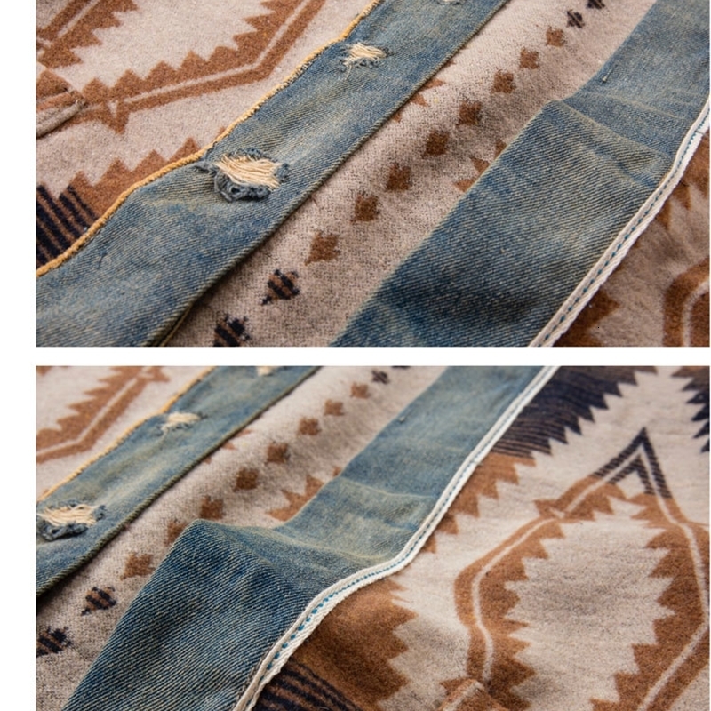 ABOORUN Men Retro Cardigan Robe National Denim Patches Jackets Streetwear Coat for Male 240810CJ