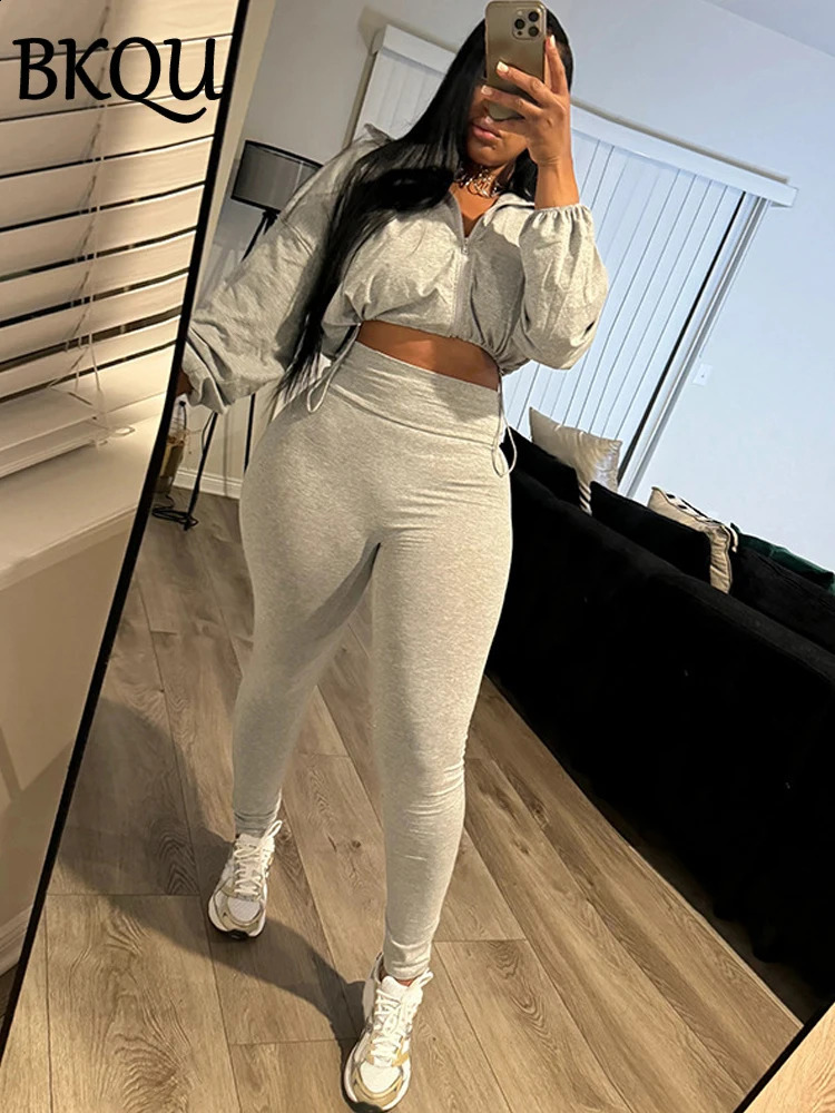 BKQU Solid Tracksuit Casual 2 Piece Sets Women Long Sleeve Drawstring Zipper Coats Skinny Pants Daily Street Outfits Autumn 240812