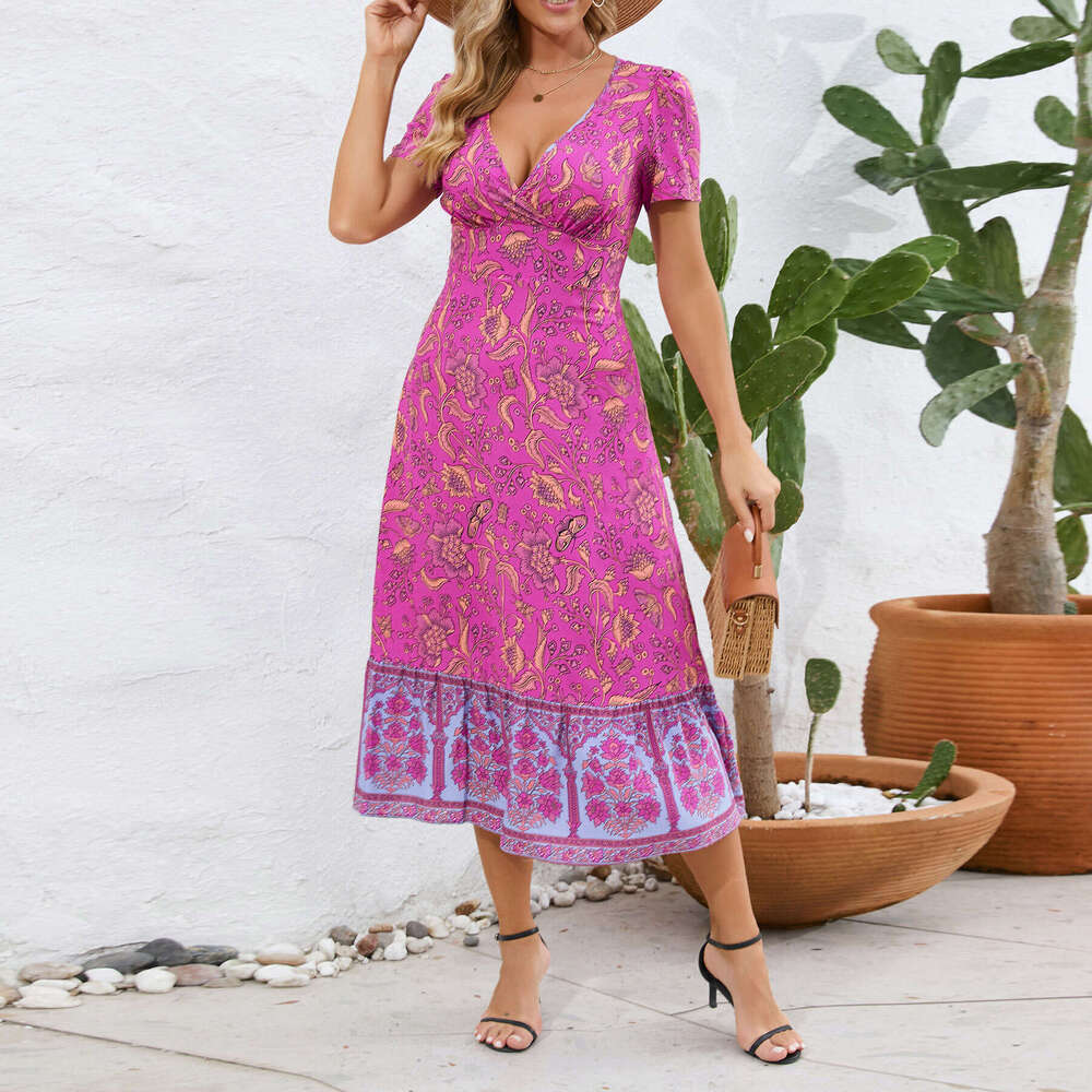 Sexy Short Sleeved V-neck Bohemian Beach Floral Dress for Women Summer Temu Tiktok Explosive Sexy Dress Bifurcated Novelty Temperament Denim Dress