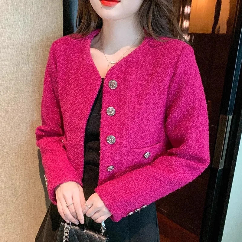 High Quality Small Fragrant Tweed Blazer Jacket for Women Pink Short O-neck Casual Coats Spring Autumn Elegant Trendy 240812