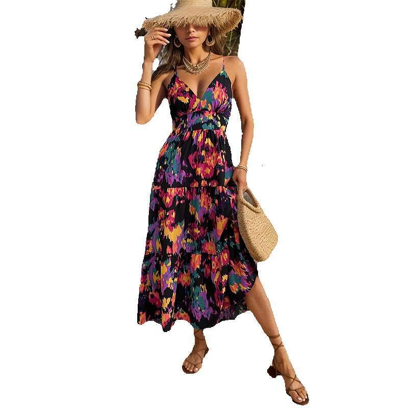 Solid 2024 Summer New Tiktok Skirt Print A-line Long Split Hanging Strap Open Back Dress Chiffon Floral Dress Self-cultivation Short Waist SKINNY DRES