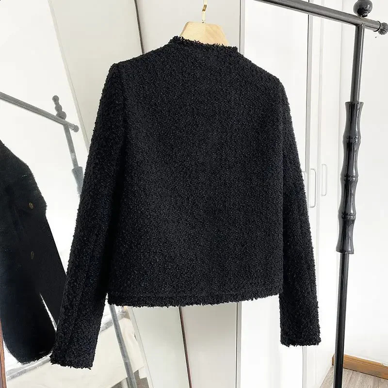 Spring Autumn Womens Jacket Tweed Blazer Vintage Long Sleeve Button Korean Chic Short Coat Black Office Lady Clothing 240812