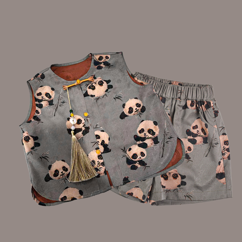 Children's explosive new Chinese-style small panda short-sleeved suit boys and girls two-piece set