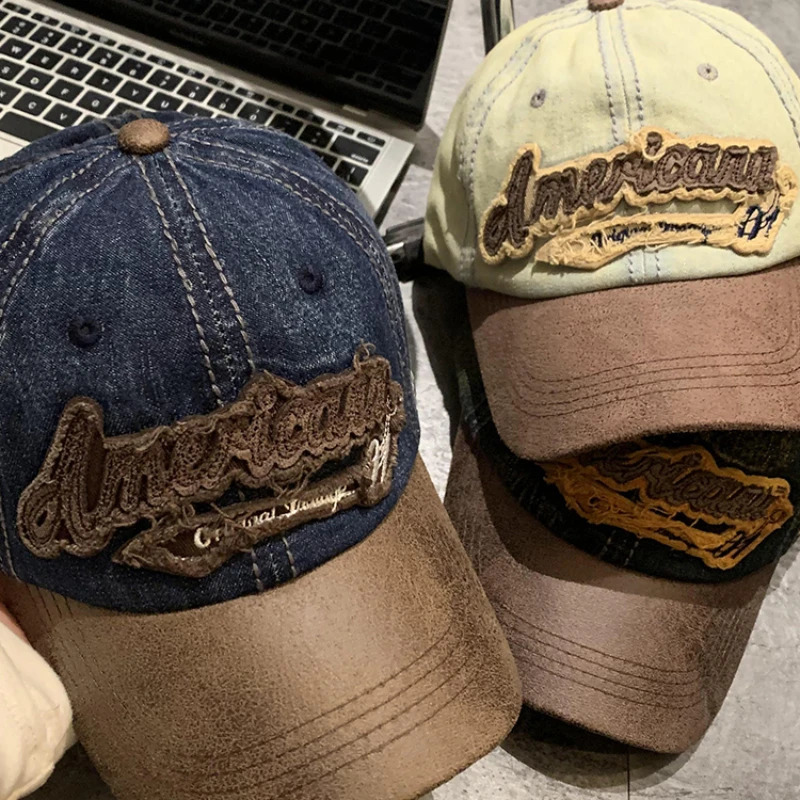 American Retro Splicing Baseball Hat Womens Display Face Spring Summer Outdoor Sunscreen Casual Fashion Stickers Mens 240812