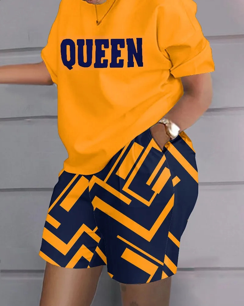 Women Casual Short Sleeve Outfit Summer Fashion Letter Printed O Neck Pocket Suit Female T Shirt Top Shorts Two Pieces Set 240812