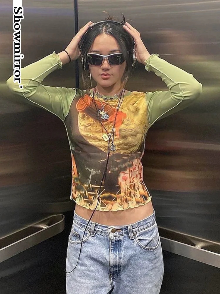 Fairycore Grunge Mesh Y2K T-shirt Womens Retro Green Retro Printed Cut Top Y2K Comparison Summer T-shirt240812