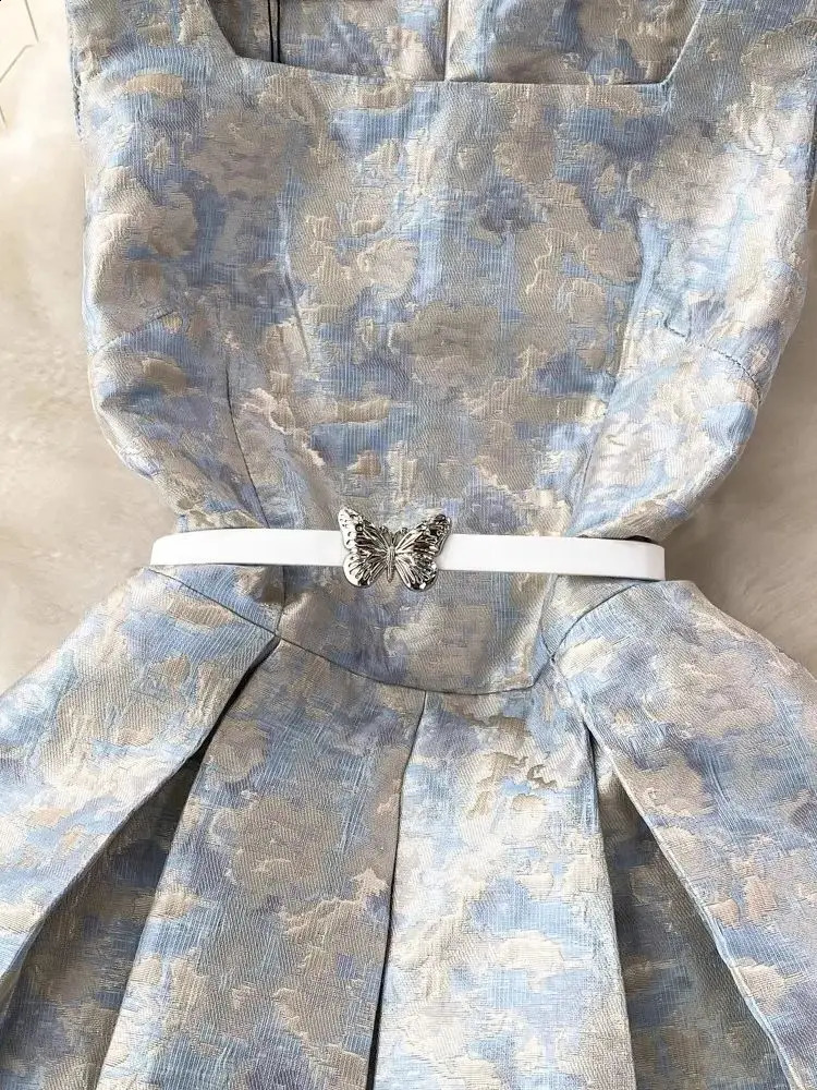 Summer Elegant Flower Jacquard Evening Party Dress Womens Sleevless Square Collar Tank Zipper Buttterfly Belt Prom Vestidos 240812