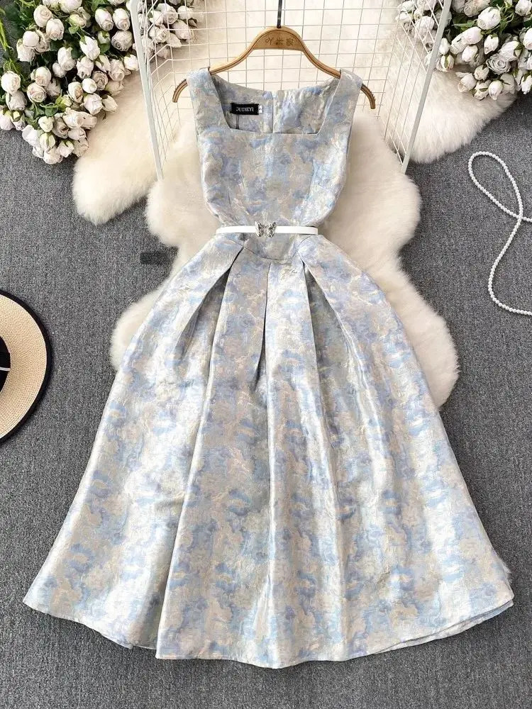Summer Elegant Flower Jacquard Evening Party Dress Womens Sleevless Square Collar Tank Zipper Buttterfly Belt Prom Vestidos 240812