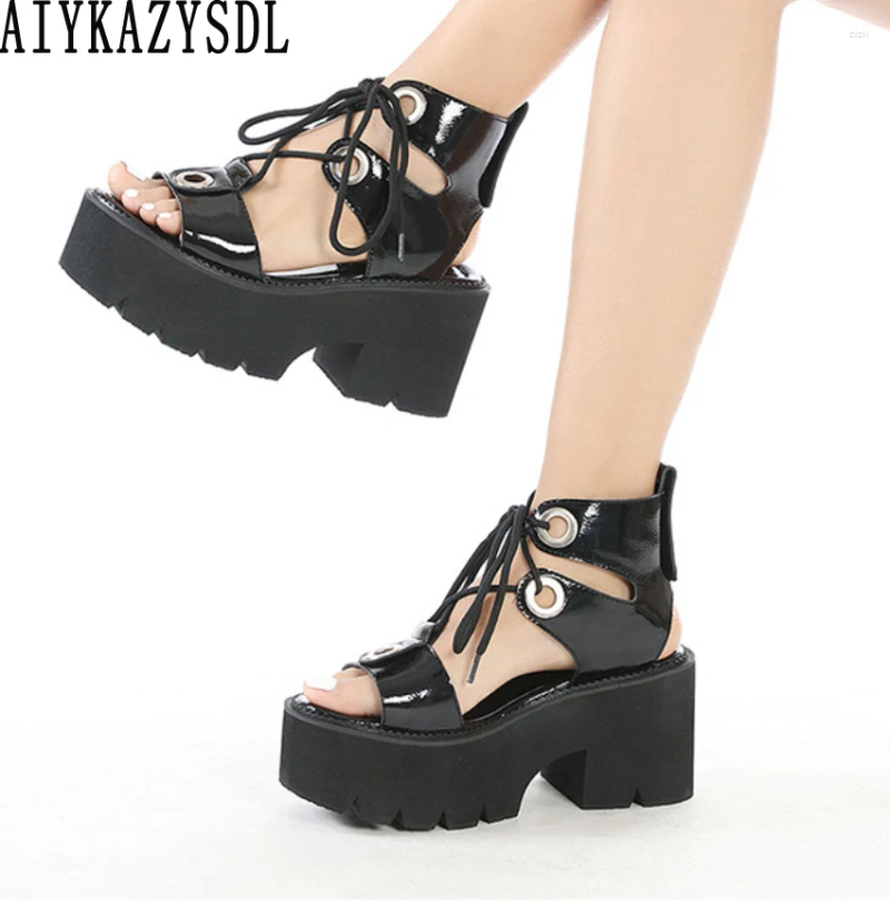 Sandals AIYKAZYSDL Lace Up Patent Leather Thick Sole Platform Wedge Heel New Shoes Creepers Women Gladiator Rome Punk