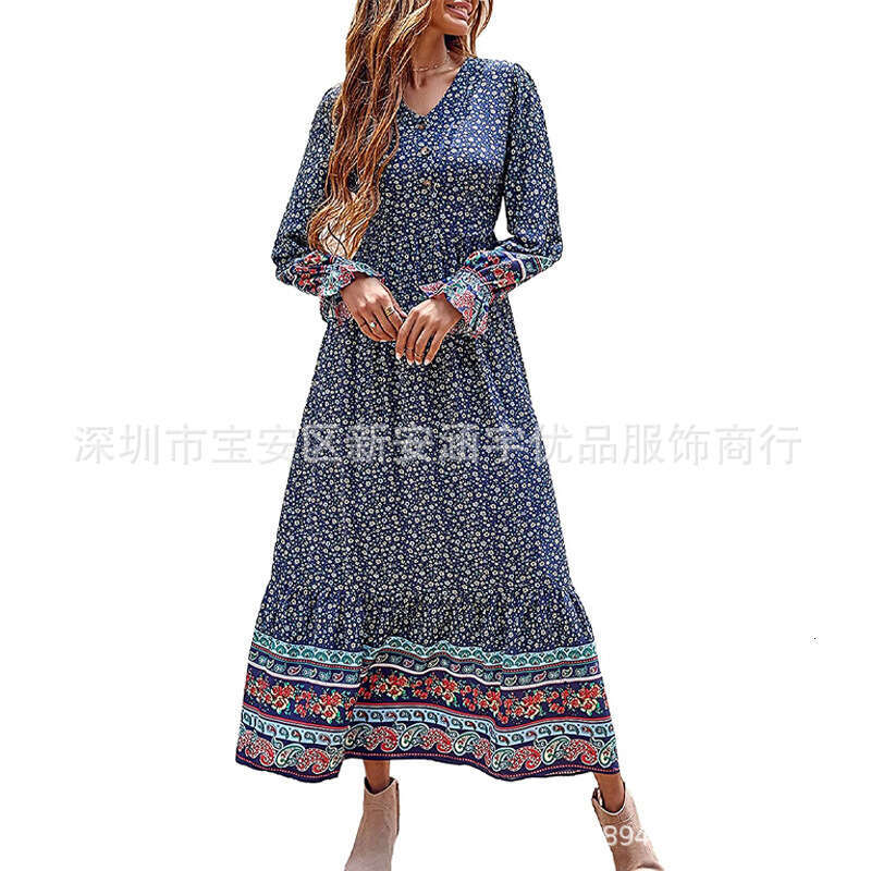 Solid Printing Versatile Temu Autumn New Womens Bohemian Dress Tiktok Sleeve Big Swing Long Floral Dress Loose Temperament Sexy High Waist Dress Denim