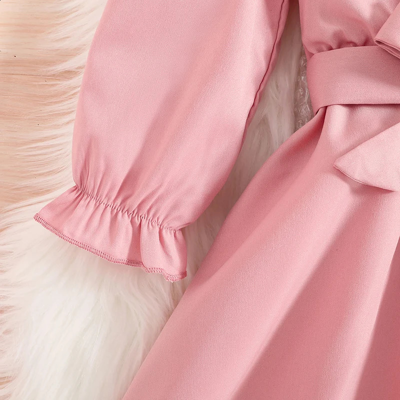 Autumn Dress Kids Girls 4-7 Years Little Girls Long-Sleeved Dress With Pink Hemline Burned Flower Elegant Princess Dress 240809