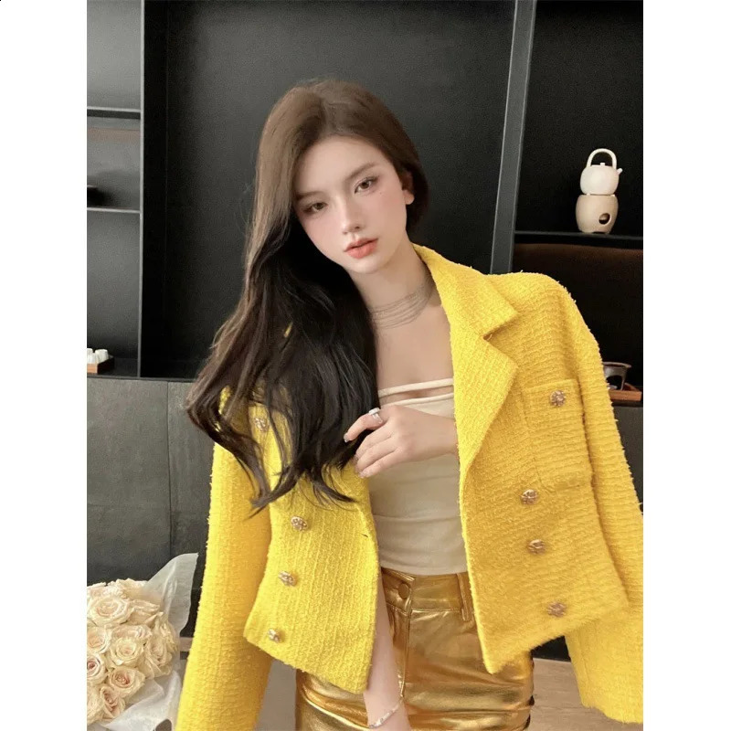 Womens Autumn Fashion Loose Cardigan Yellow Retro Tweed Short Suit Jacket Ladies Double Button Blazers 240812
