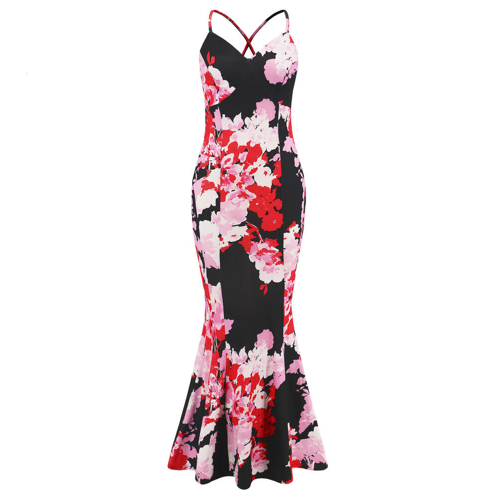 Sexy Slim Fit Camisole Fishtail Skirt Bohemian Floral Long Dress Temu Tiktok Womens Clothing Sexy Waist Novelty Self-cultivation Lace Dress Oversize D