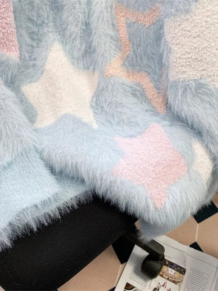 Lazy Style Sweaters Long Sleeve Star Print Contrast Color Casual Loose Pullovers Autumn Winter All Match Sweet Womens Clothing 240812