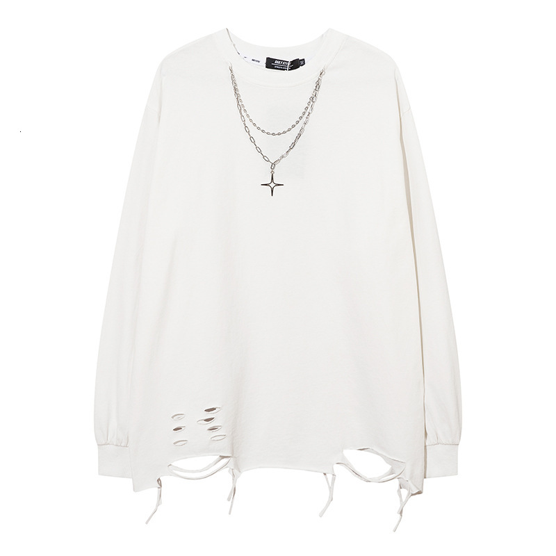 Solid Color Cut Open Hole Hem with Chain Loose Dark High Street Oversized Extended Long Sleeved T-shirt Mens Clothing