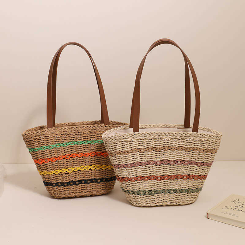 CMM Colorful Striped Single Shoulder French Woven Bag New Large Capacity Woven Bag Womens Beach Vacation Style Beach Bag