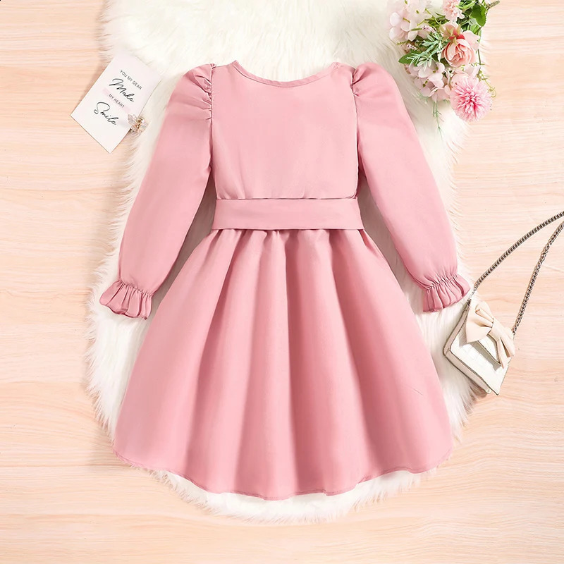 Autumn Dress Kids Girls 4-7 Years Little Girls Long-Sleeved Dress With Pink Hemline Burned Flower Elegant Princess Dress 240809