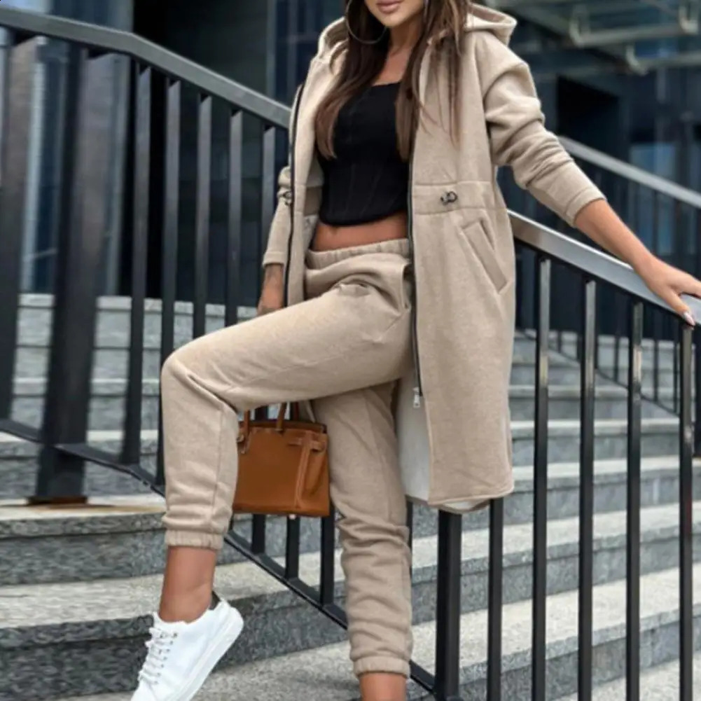 Pants Set Women Tracksuit Zipper Hooded Coat Hoodies Pant Sets Elastic Waist Trousers Straight Long Sleeve Tracksuit Sport 240812