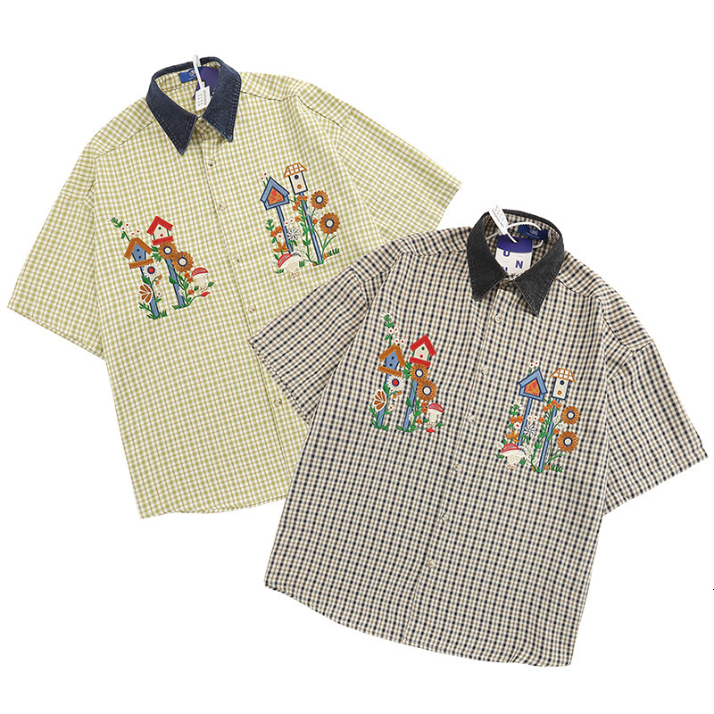 Mens China-chic Embroidery Plaid Short Sleeve Shirts Mens and Womens Tops Summer Design Small Coat