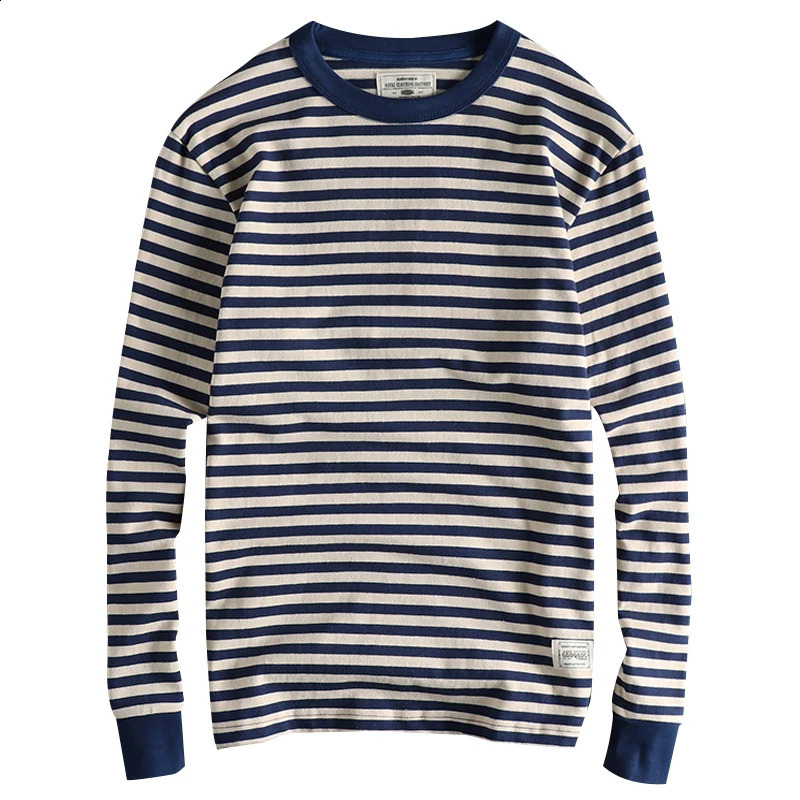 Autumn American Retro Long-sleeved O-neck Striped T-shirt Mens Fashion Simple 100% Cotton Washed Casual Sport Tops 240812