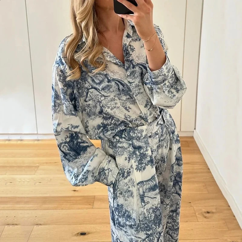 Wefads 2 Piece Set Women Casual Long Sleeve Lapel Printed Single Breasted Button Shirt Top Loose Wide Legs Pants Sets Streetwear 240812