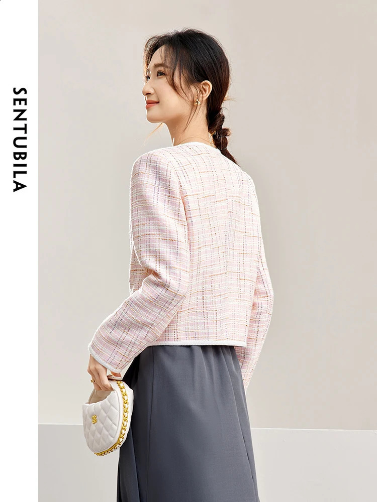 SENTUBILA Women Pink Tweed Jacket Autumn Elegant Round Neck Long Sleeve Single Breasted Straight Short Jackets W41W53601 240812