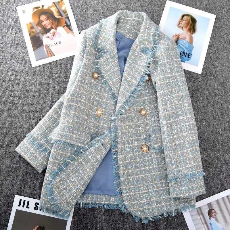 Large Size Womens Tweed Suit Spring Autumn Long Sleeve Vintage Double Breasted Tassel Loose Blazer Jacket Z888 240812